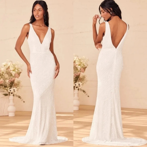 Lulus The Sweetest Vows White Beaded Sequin Mermaid Maxi Dress Wedding Bridal - Picture 1 of 14